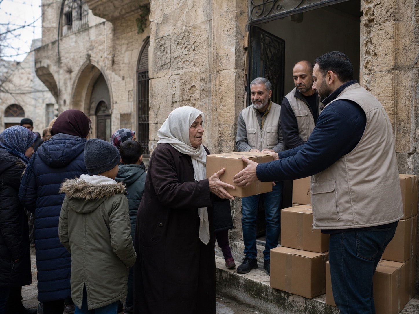 Suriye'de gıda kolisi dağıtımında yardım paketlerini teslim alan aileler